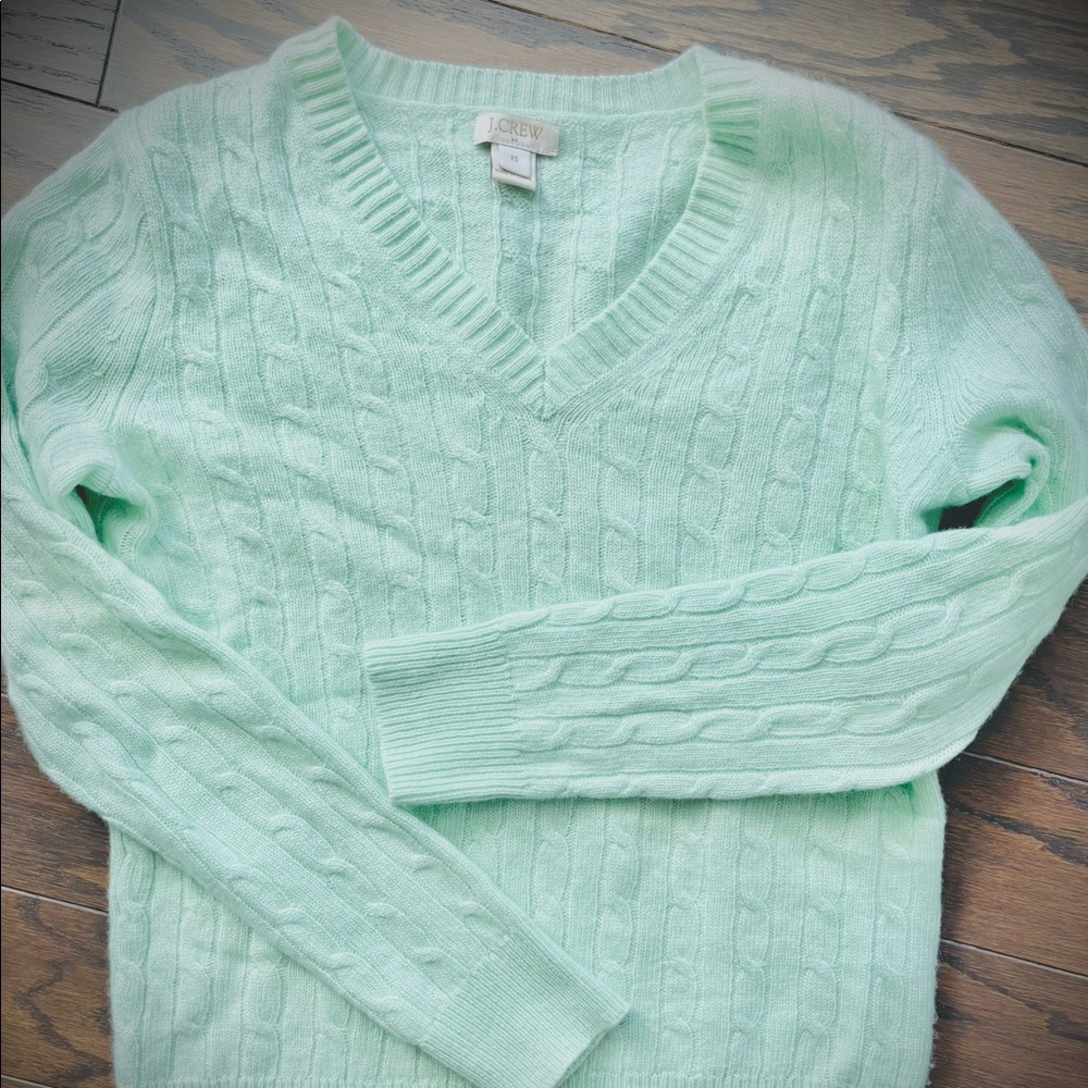 J. Crew V Neck Cable Knit Sweater - Mint Green XS